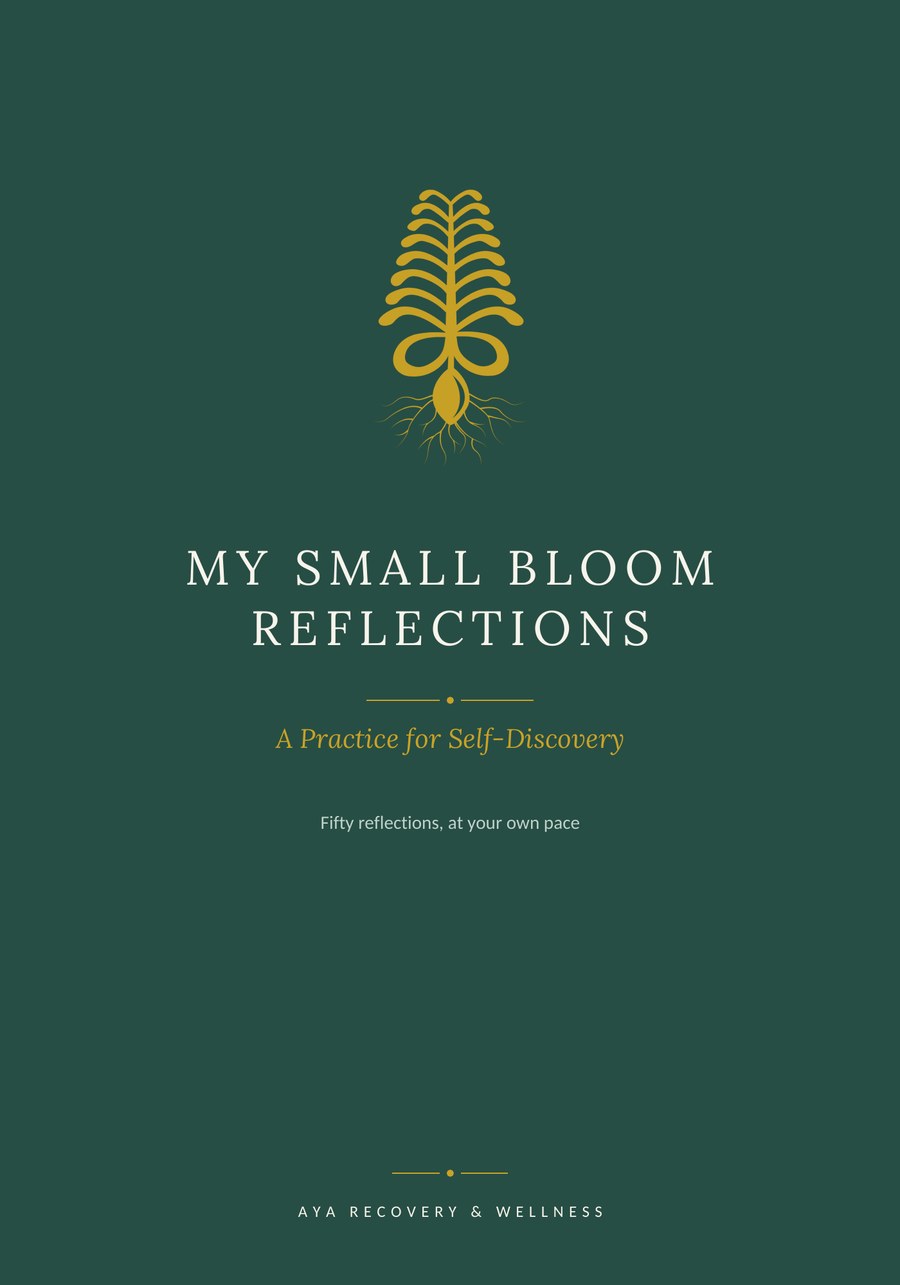 The cover of My Small Bloom Reflections, a gold Aya fern on deep jade